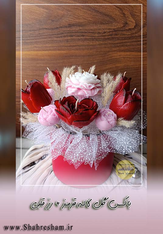 باکس گل شمعی گل رز قلبی و لاله قرمز