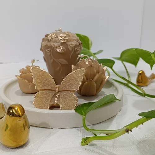 ست شمع سه گل و پروانه دور طلایی
