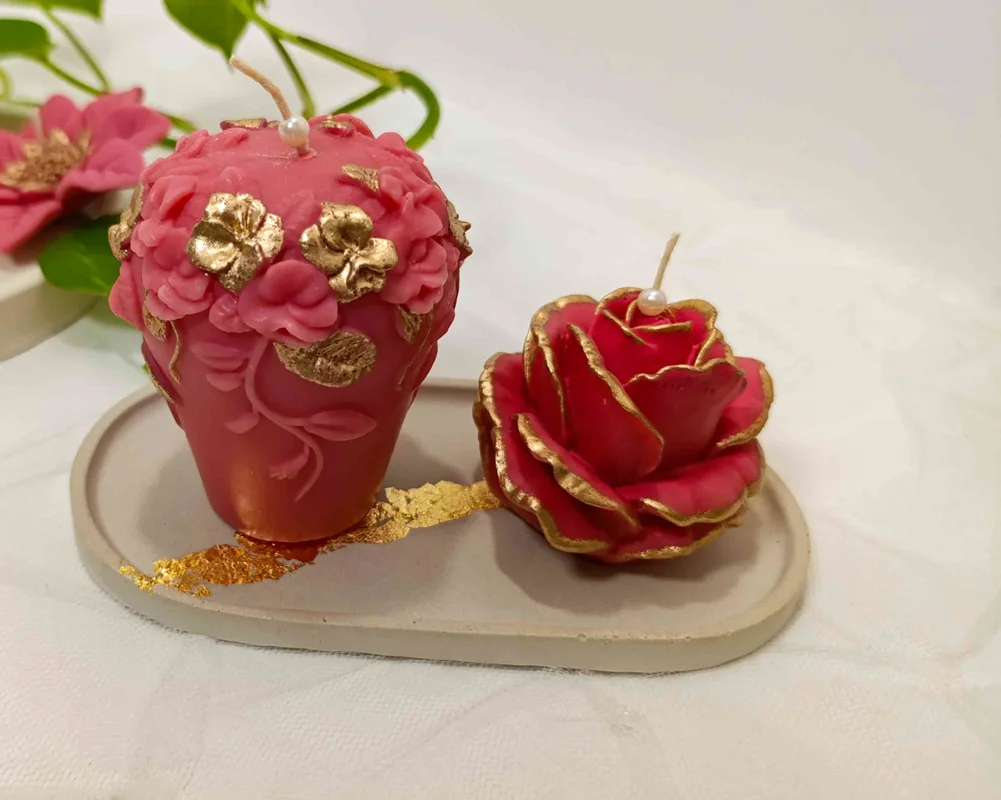 ست شمع گل مارسلا و گل رز لبه طلایی