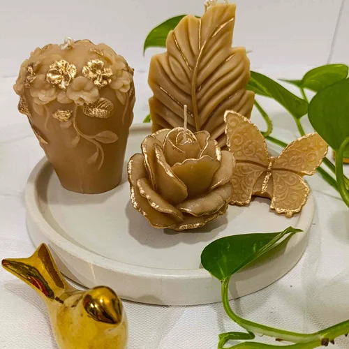 ست شمع سه گل خاص و برگ لب طلایی