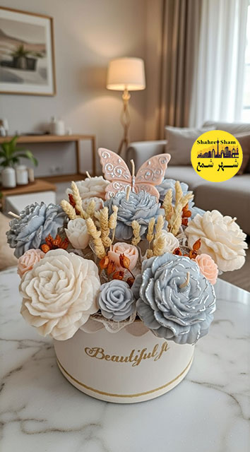 باکس شمع گل گلبهی و طوسی سایز متوسط