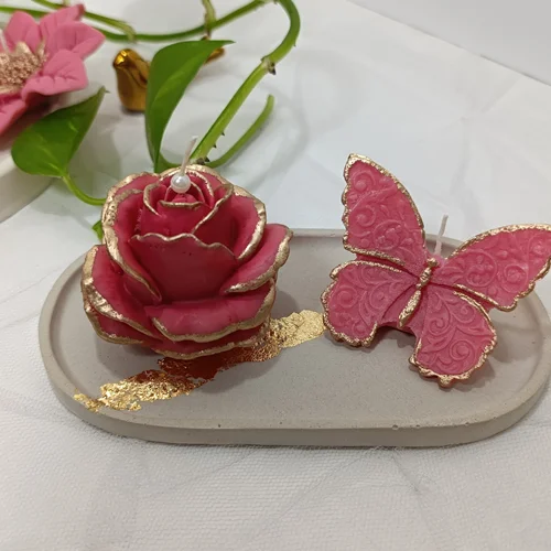 ست شمع گل رز و پروانه دور طلایی